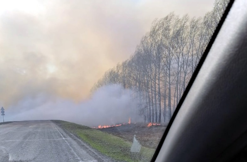 В Кузбассе водителям пришлось проезжать через огонь на дороге