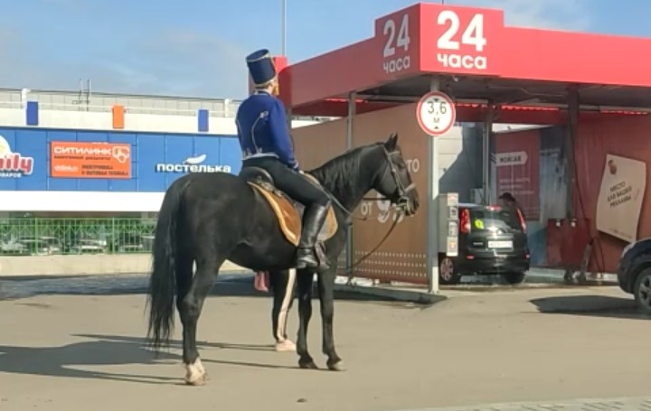 В Кемерове возле автомойки скакал «гусар» на коне